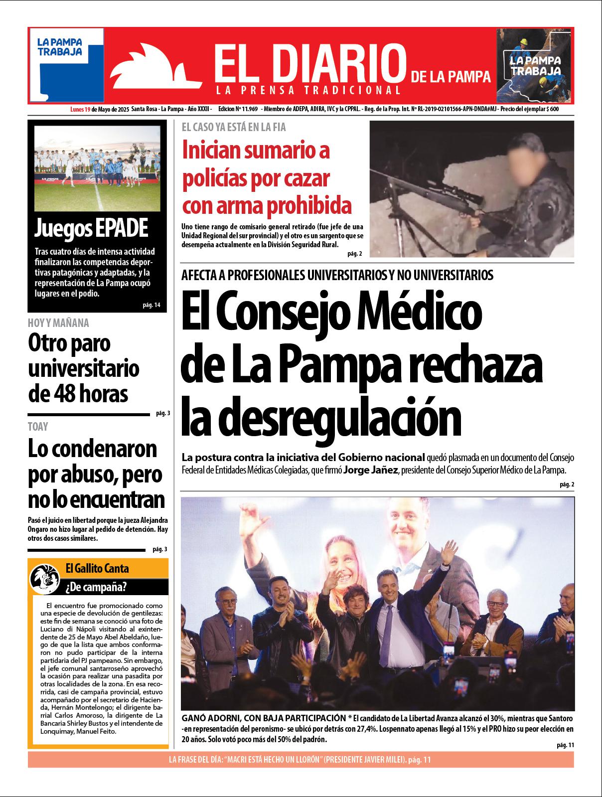 Tapa de El Diario en papel  lunes 19 de mayo de 2025